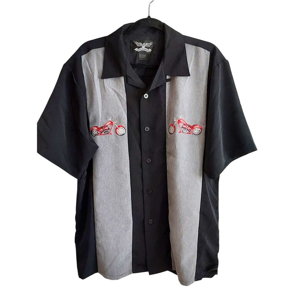 Chrome Eagle Bowling Shirt Mens Large Black Gray Embroidered Motorcycle Chopper